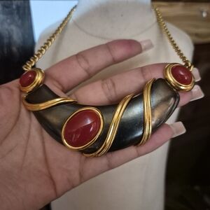 Very Rare Monet Gold-Tone Necklace with Black Crescent and Red Cabochons